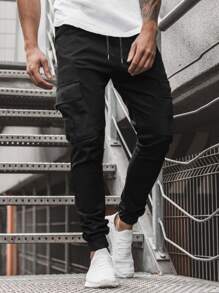 Manfinity Homme 男士翻蓋口袋工裝褲 - 黑色 - 查看 4