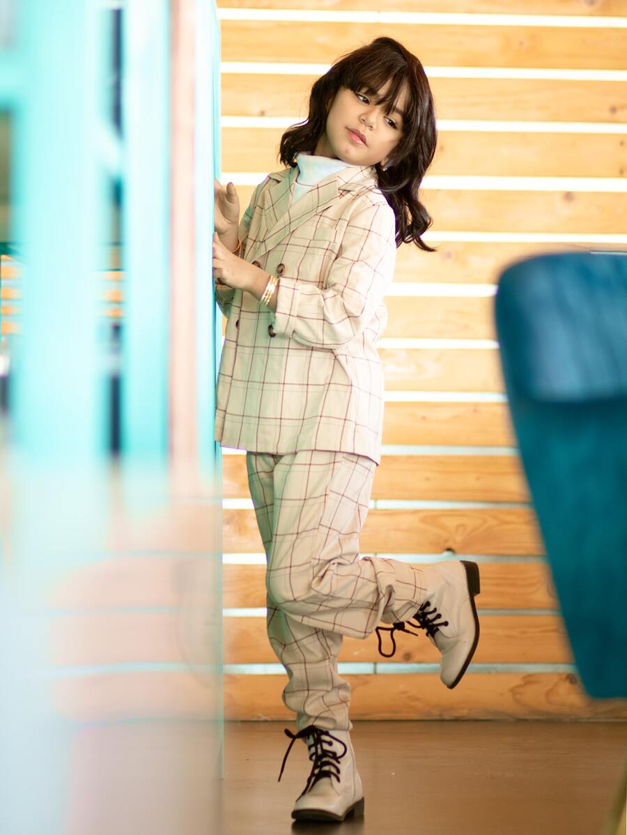 SHEIN Bộ hai mảnh Gái Nút đôi Túi Sọc ca rô Sẵn sàng - Nhiều màu - Xem 1