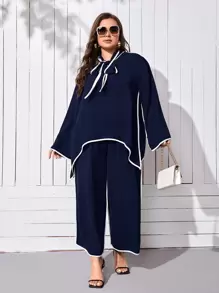 SHEIN Unity Plus Contrast Binding Tie Neck Asymmetrical Hem Top & Trousers - Navy Blue - View 1