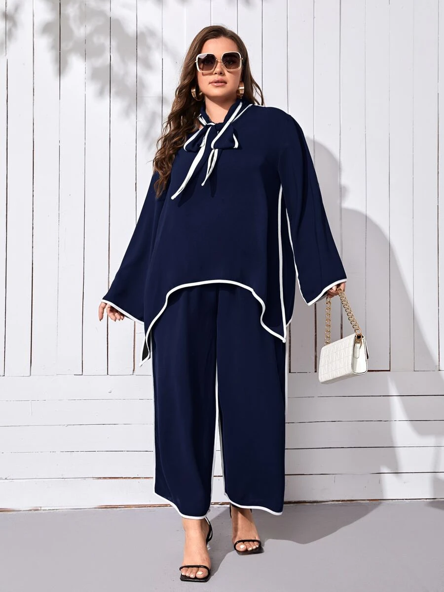 SHEIN Unity Plus Contrast Binding Tie Neck Asymmetrical Hem Top & Trousers - Navy Blue - View 1