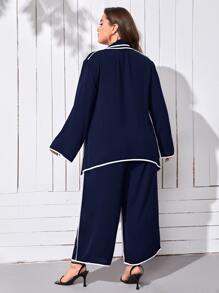 SHEIN Unity Plus Contrast Binding Tie Neck Asymmetrical Hem Top & Trousers - Navy Blue - View 2