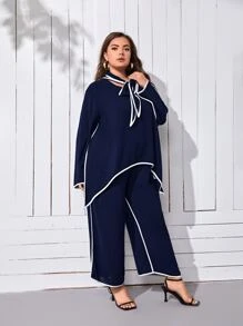 SHEIN Unity Plus Contrast Binding Tie Neck Asymmetrical Hem Top & Trousers - Navy Blue - View 3