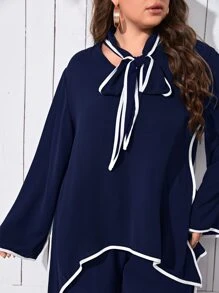SHEIN Unity Plus Contrast Binding Tie Neck Asymmetrical Hem Top & Trousers - Navy Blue - View 4