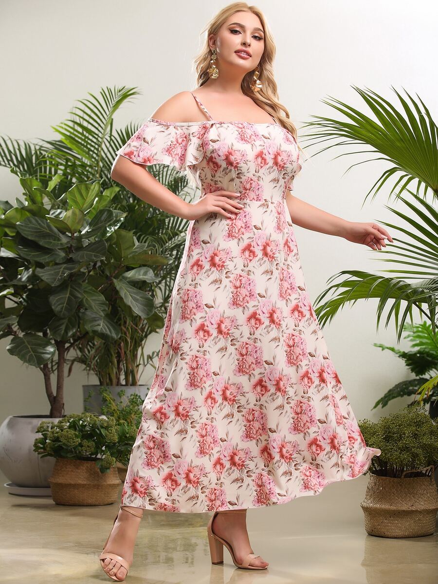 Plus Size Floral Cold Shoulder Dress - Multicolor - View 1