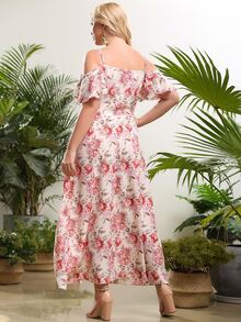Plus Size Floral Cold Shoulder Dress - Multicolor - View 2