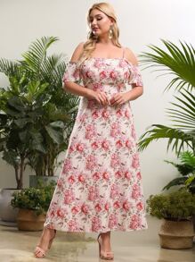 Plus Size Floral Cold Shoulder Dress - Multicolor - View 3