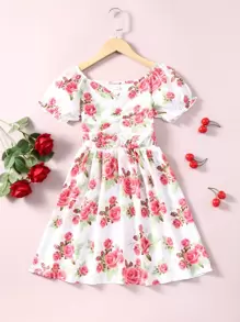 Niñas Vestido con estampado floral fruncido delantero de manga farol - Multicolor - Ver 1
