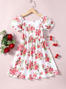 Niñas Vestido con estampado floral fruncido delantero de manga farol - Multicolor - Ver 2