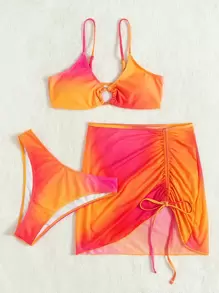 SHEIN Swim Summer Beach 3 件裝漸層色環連比基尼和沙灘裙 - 橘色 - 查看 3