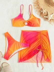 SHEIN Swim Summer Beach 3 件裝漸層色環連比基尼和沙灘裙 - 橘色 - 查看 4