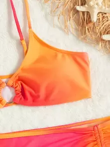 SHEIN Swim Summer Beach 3 件裝漸層色環連比基尼和沙灘裙 - 橘色 - 查看 6
