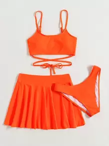 Swim Vcay 女士夏季海滩泳衣 3 件套纯色系带比基尼套装和罩衫裙式泳衣 - 橘色 - 查看 4
