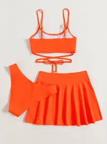 Swim Vcay 女士夏季海滩泳衣 3 件套纯色系带比基尼套装和罩衫裙式泳衣 - 橘色 - 查看 3