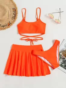 Swim Vcay 女士夏季海滩泳衣 3 件套纯色系带比基尼套装和罩衫裙式泳衣 - 橘色 - 查看 5