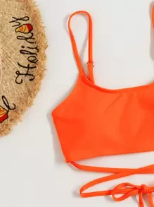 Swim Vcay 女士夏季海滩泳衣 3 件套纯色系带比基尼套装和罩衫裙式泳衣 - 橘色 - 查看 6