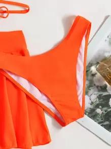 Swim Vcay 女士夏季海滩泳衣 3 件套纯色系带比基尼套装和罩衫裙式泳衣 - 橘色 - 查看 7