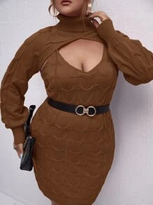 大碼高領麻花編織超短版套頭毛衣和毛衣裙不附腰帶 - 棕色 - 查看 1