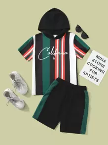SHEIN Boys Letter Graphic Striped Colourblock Hoodie & Track Shorts Set - Multicolor - View 1
