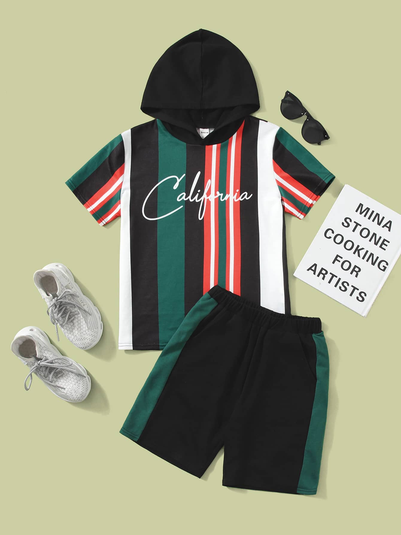 SHEIN Boys Letter Graphic Striped Colourblock Hoodie & Track Shorts Set - Multicolor - View 1