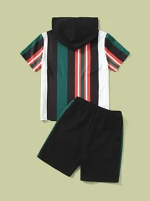 SHEIN Boys Letter Graphic Striped Colourblock Hoodie & Track Shorts Set - Multicolor - View 2