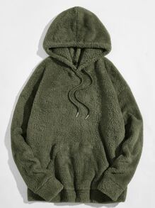 GENTILAND Men Drop Shoulder Teddy Drawstring Hoodie - Army Green - View 1