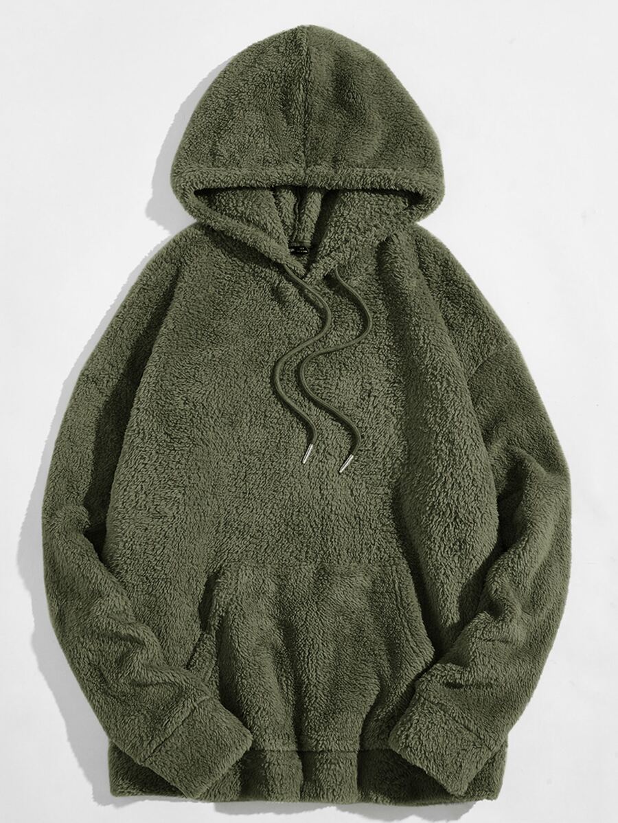 GENTILAND Men Drop Shoulder Teddy Drawstring Hoodie - Army Green - View 1