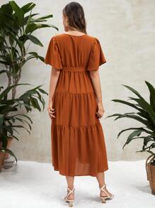 SHEIN Maternidad Vestido con cinturón de manga con volante bajo con fruncido - Naranja Quemada - Ver 2