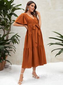 SHEIN Maternidad Vestido con cinturón de manga con volante bajo con fruncido - Naranja Quemada - Ver 3