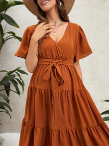 SHEIN Maternidad Vestido con cinturón de manga con volante bajo con fruncido - Naranja Quemada - Ver 5