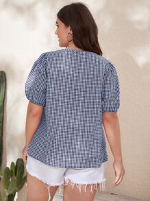 SHEIN LUNE Camisa de manga farol de guingán - Azul y blanco - Ver 2