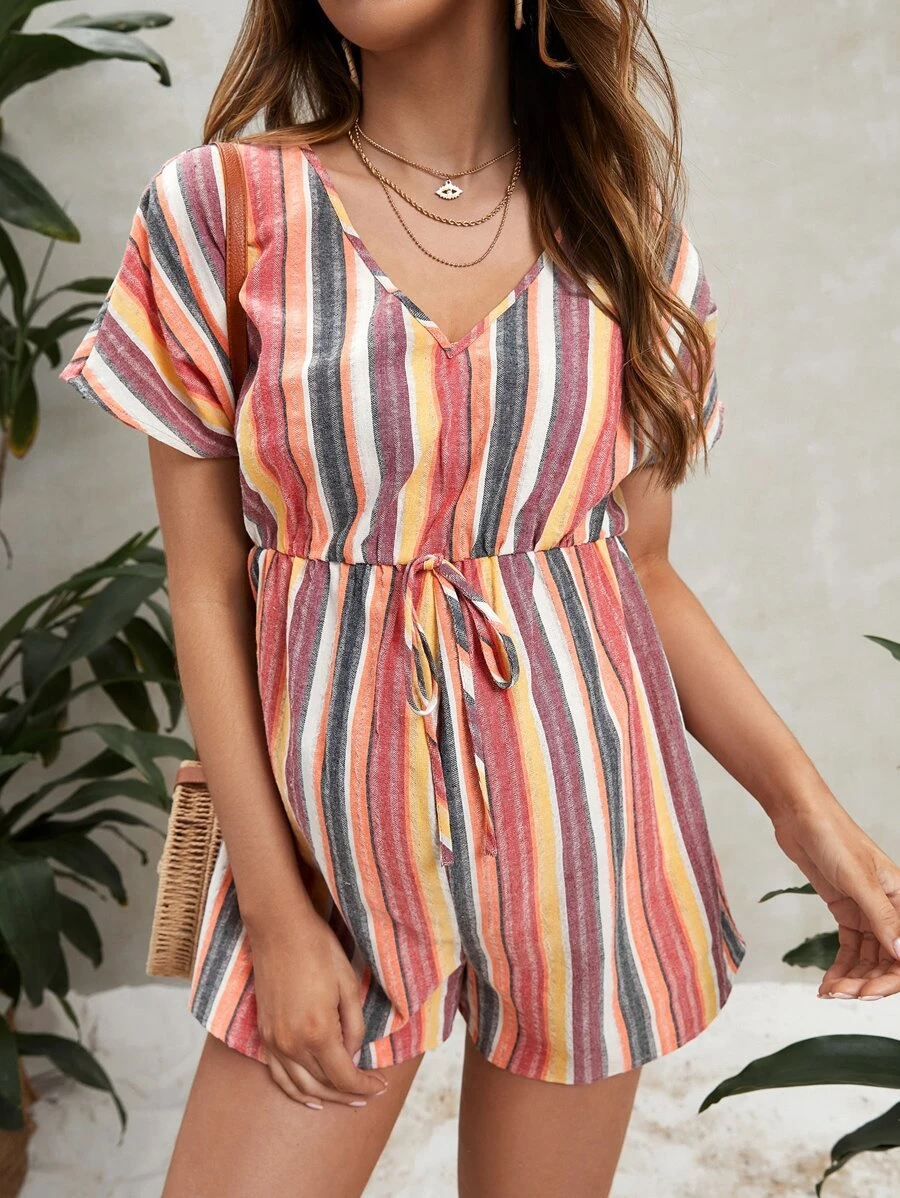 SHEIN Maternity Tie Front Batwing Sleeve Striped Romper - Multicolor - View 1