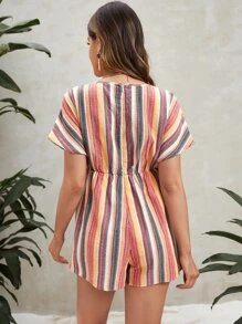SHEIN Maternity Tie Front Batwing Sleeve Striped Romper - Multicolor - View 2