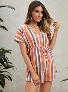 SHEIN Maternity Tie Front Batwing Sleeve Striped Romper - Multicolor - View 5