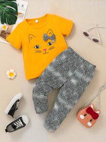 SHEIN 小女童貓和豹紋印花蝴蝶結T恤和褲子 - 彩色 - 查看 1