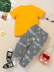 SHEIN 小女童貓和豹紋印花蝴蝶結T恤和褲子 - 彩色 - 查看 2