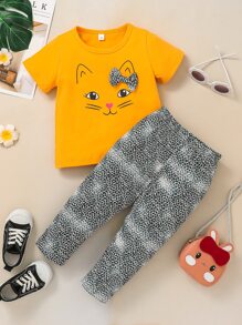 SHEIN 小女童貓和豹紋印花蝴蝶結T恤和褲子 - 彩色 - 查看 4