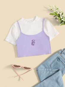 SHEIN 女孩小高領小熊刺繡吊帶短上衣和T恤 - 彩色 - 查看 1