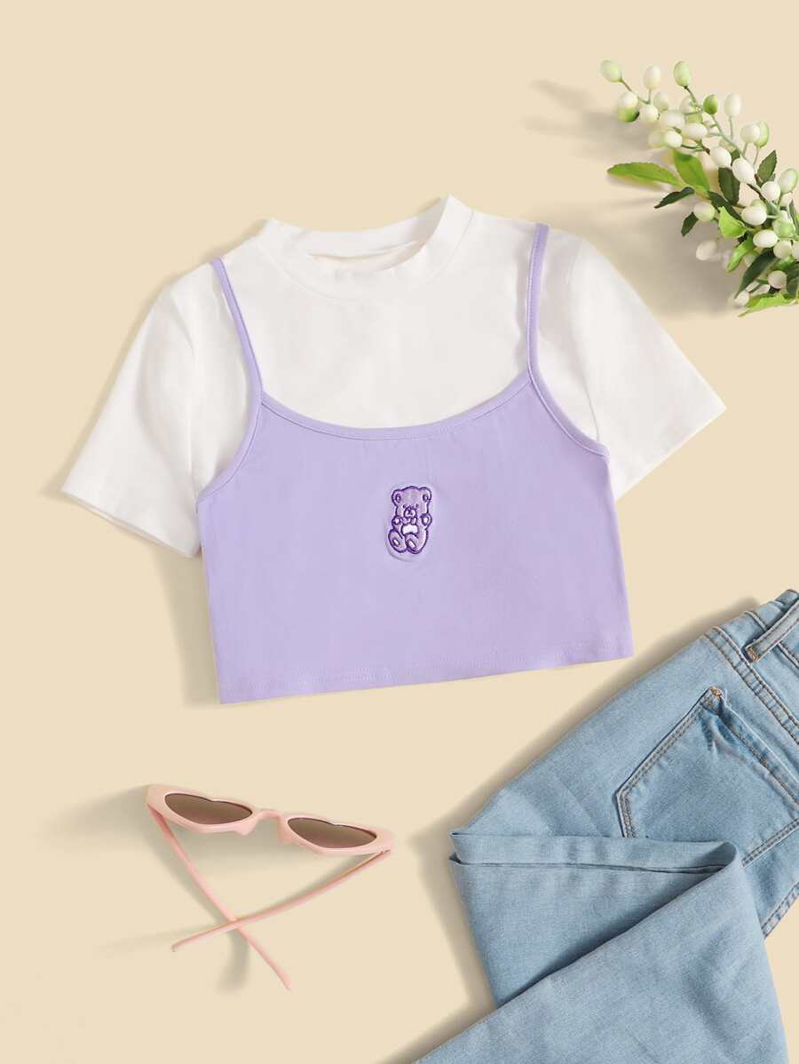 SHEIN 女孩小高領小熊刺繡吊帶短上衣和T恤 - 彩色 - 查看 1