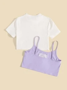SHEIN 女孩小高領小熊刺繡吊帶短上衣和T恤 - 彩色 - 查看 2
