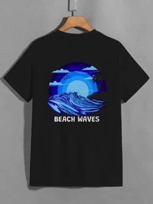 Niños Camiseta de onda & con estampado de letra - Negro - Ver 2