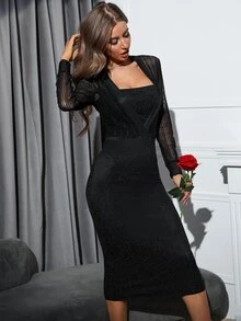 Glitter Square Neck Mesh Panel Bodycon Dress - Black - View 7