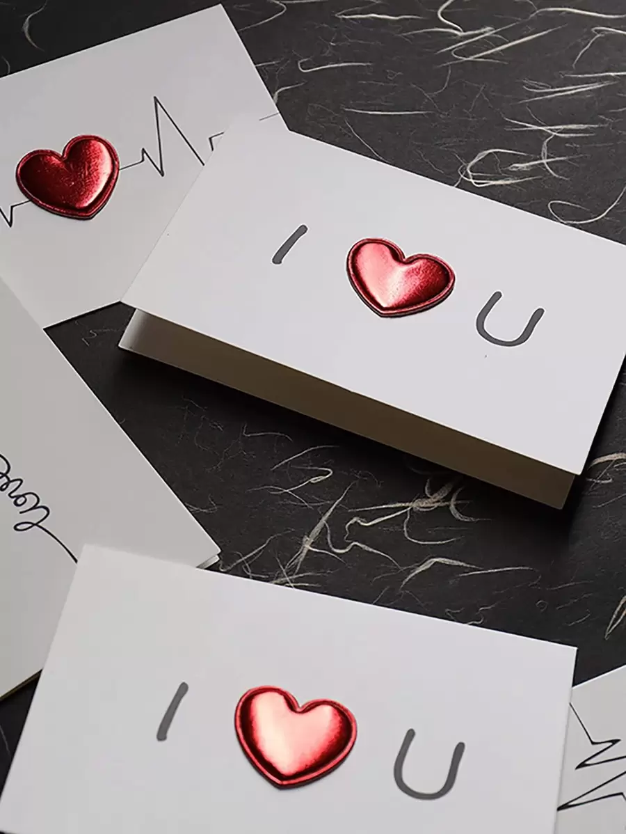 1 张心形设计随机贺卡，现代字母图形纸质邀请卡，适合派对、圣诞节