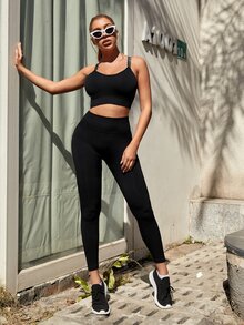 高度支撐無縫鏤空後背十字交叉拼接滾邊運動型胸罩 - 黑色 - 查看 4