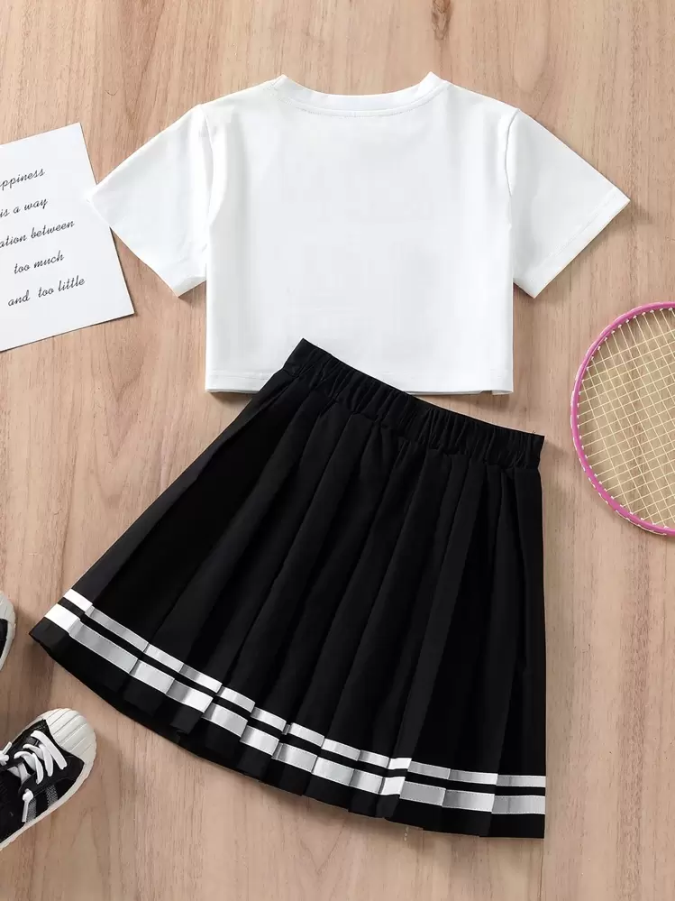 SHEIN Cô gái Tween Đồ họa Chữ cái Áo thun & Sọc trang trí Chân Váy xếp ly - Đen và trắng - Xem 2