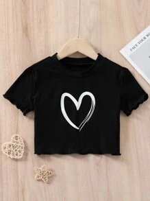 SHEIN Tween Girls' Casual Knit Stretchy Short Tee With Heart Print - Black - View 1