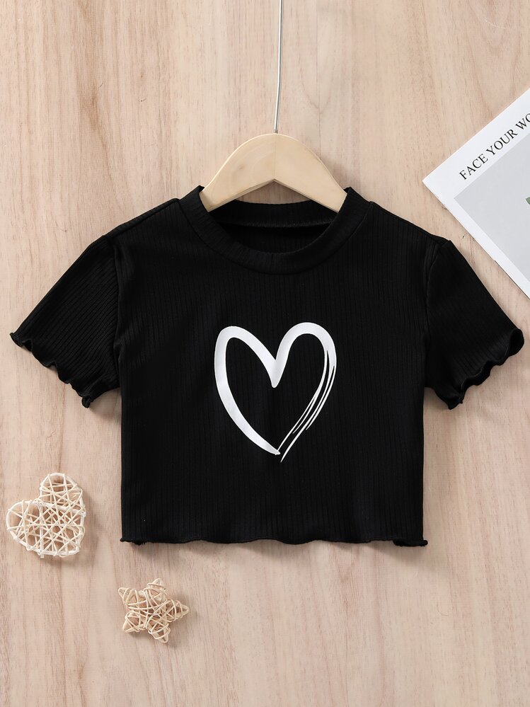 SHEIN 少女休閒針織彈性短袖T恤，心形印花 - 黑色 - 查看 1
