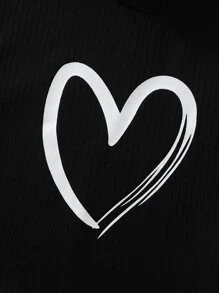 SHEIN Tween Girls' Casual Knit Stretchy Short Tee With Heart Print - Black - View 3