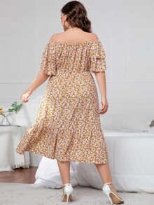 大碼小碎花一字肩多層袖荷葉邊洋裝 - 彩色 - 查看 2