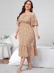 大碼小碎花一字肩多層袖荷葉邊洋裝 - 彩色 - 查看 4