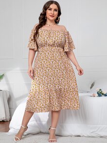 大碼小碎花一字肩多層袖荷葉邊洋裝 - 彩色 - 查看 5